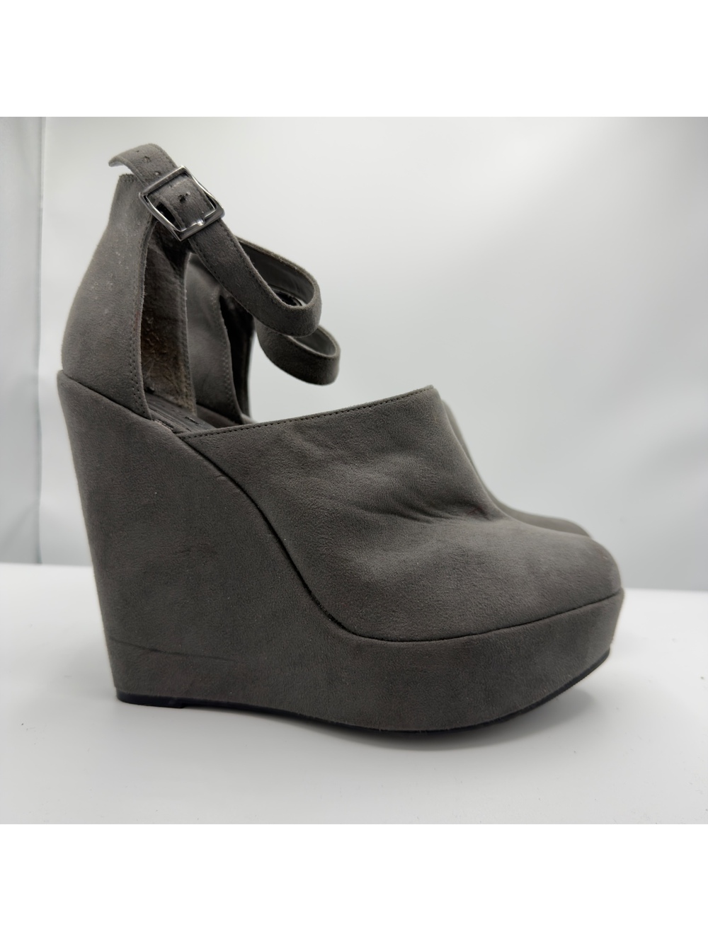 Y2K New Look Grey Suede Platform Wedge Ankle Boots Buckle Heels US 10.5 UK 8